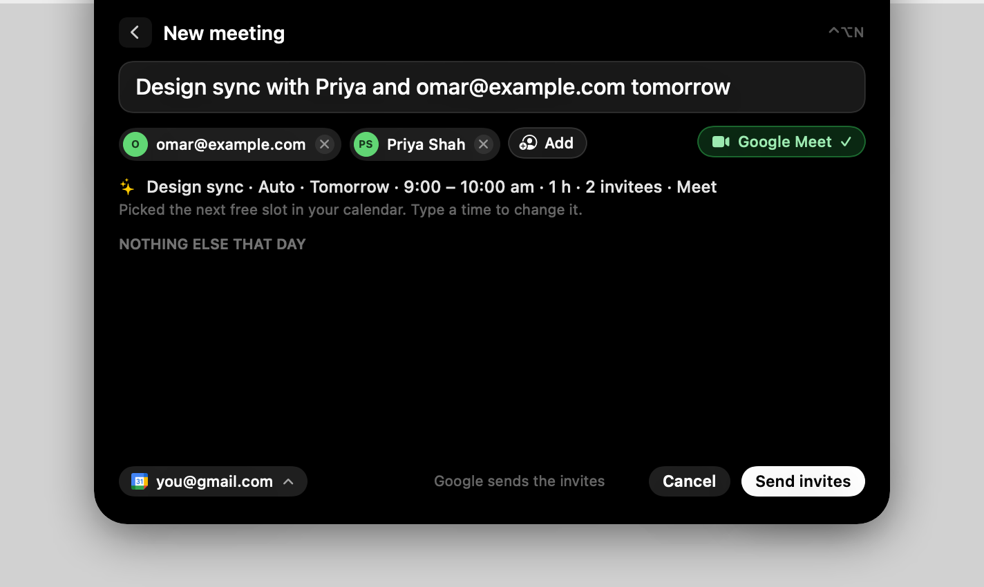 A new meeting with guest chips and a Meet link